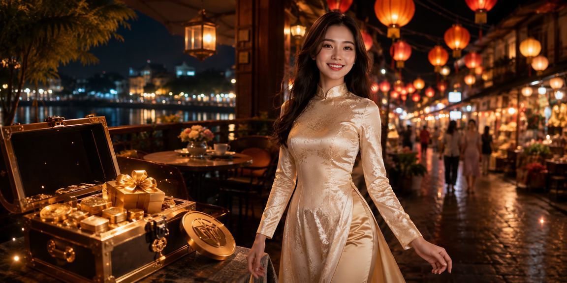 Cô gái mặc áo dài Hà Nội thưởng thức trải nghiệm casino trực tuyến trên điện thoại