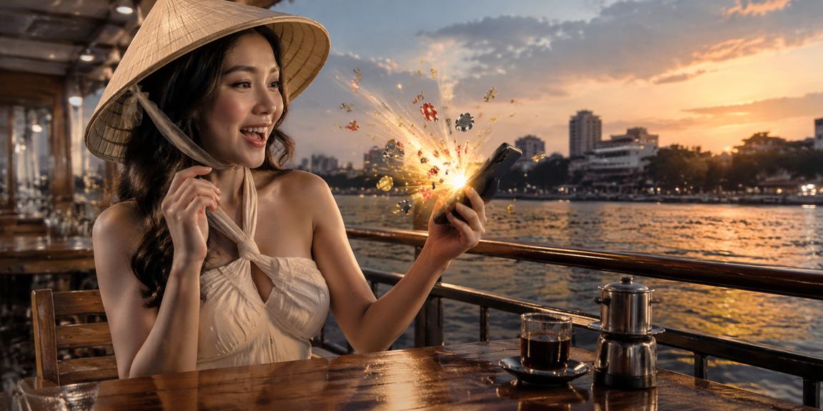 Người phụ nữ Hà Nội đội nón lá trải nghiệm casino di động trên điện thoại