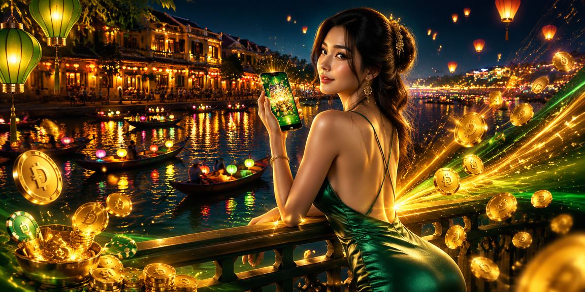 Người chơi trải nghiệm slot game tại phố cổ Hội An trên điện thoại di động